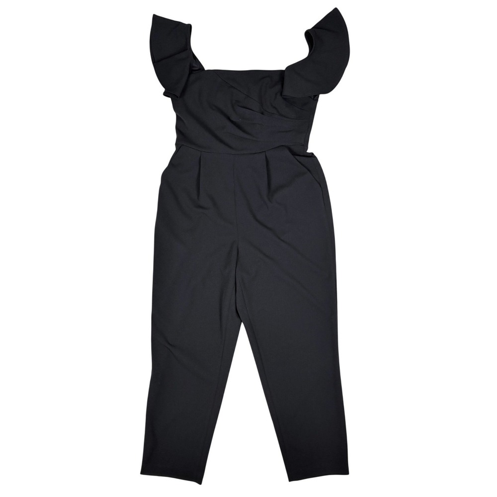 Calvin Klein Womens Black Ruffle Off-The-Shoulder Jumpsuit Size 8 Surplice Crepe